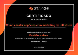 Imagem de um Certificado do Curso: Como escalar negócios com marketing de influência